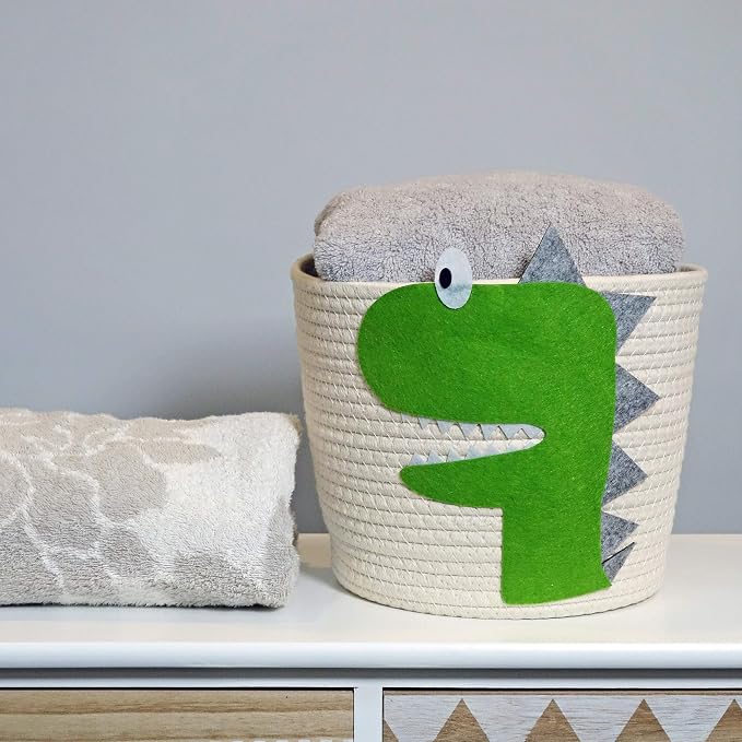 T&T Homewares Small Cotton Rope Basket with Cute Green Dinosaur for Baby Diaper Organizer, Woodland Nursery Storage, Kids Room Organizer, Baby Laundry Baskets, Cat Dog Toy Basket