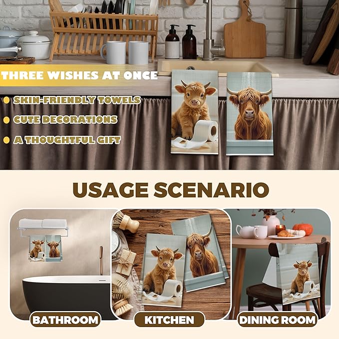 Bath Towels Set of 2, Cute Highland Cattle Dish Towel for Bathroom Spa Washroom, Western Cow Fast Drying Decorative Hand Towels, Farmhouse Housewarming Xmas Gifts for Women Mom -B21