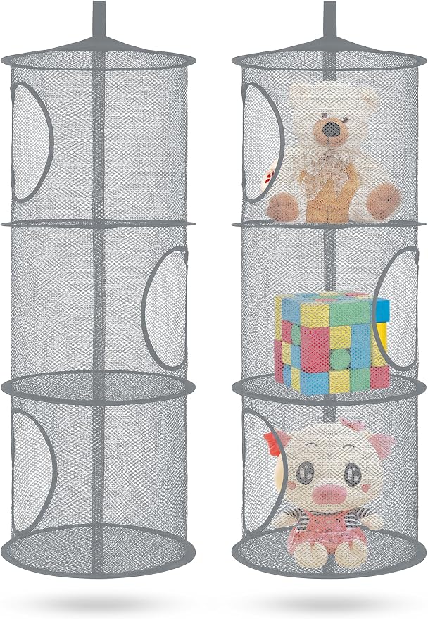 2Pcs Hanging Stuffed Animal Storage Hammock Net 3 Tiers, Grey | Hanging Mesh Storage Organizer for Kids Room, Holds Plushies, Gloves, Hats, Socks, Foldable Space-saving Design