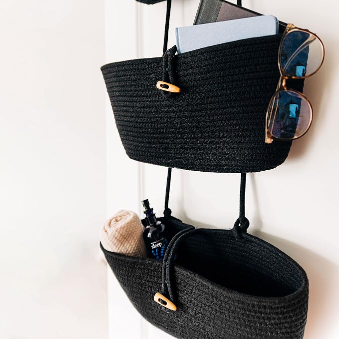 OrganiHaus Over the Door Organizer, Woven Rope Hanging Baskets, 3-Tier | Cotton Wall Storage Basket For Nursery Decor, Entryway, Bathroom, Playroom Or Dorm, Mounts On Door Or Wall, Black