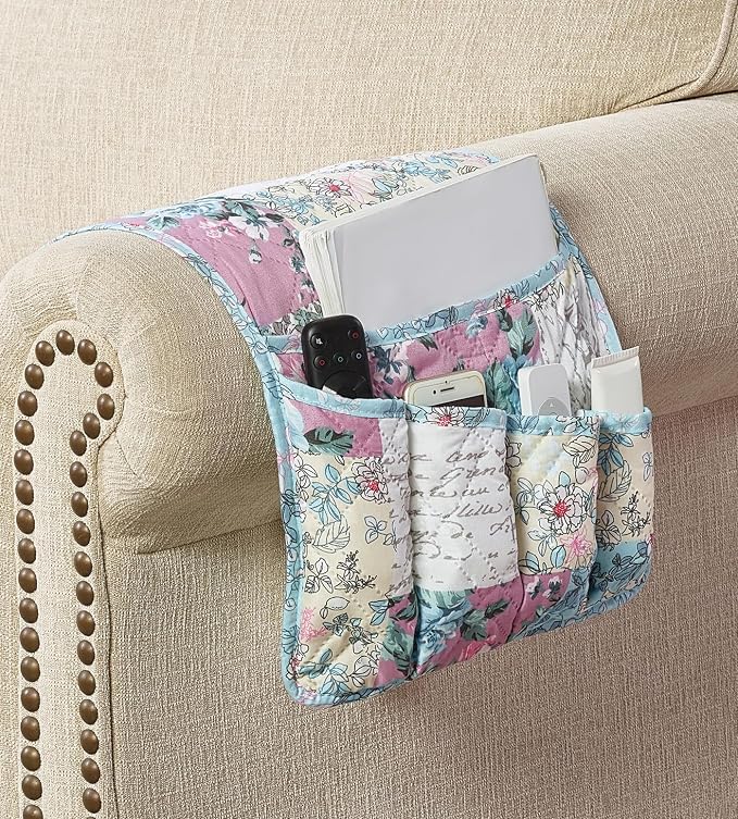 Brilliant Sunshine Lilac & Egg Blue Rose Couch Armrest Cover, 35"×13" | Washable Magazine Holder, Armrest Organizer & Caddy on Sofa, Recliner, Armchair, Storage for Remote Controls, Phone, iPad