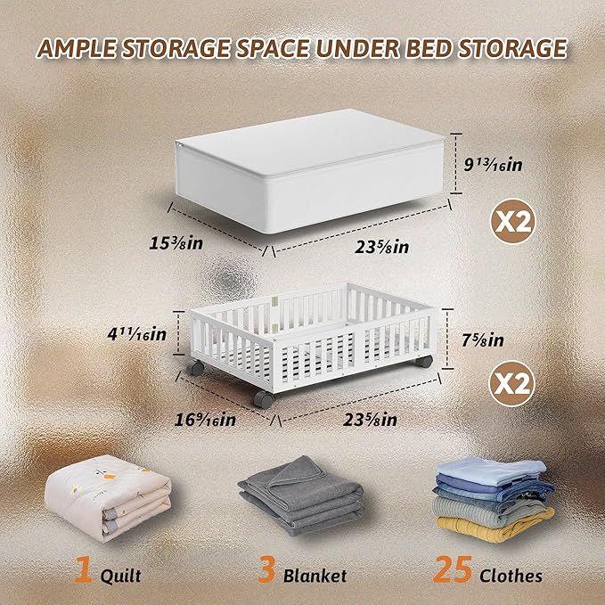 MHXW SXPN 2 Pack Bamboo Under Bed Storage Containers with Wheels, White | Underbed Drawer Storage with Bag, Wood Rolling Underbed Organizer for Shoes, Sheets Clothes Blanket Comforter, Under Crib Toy