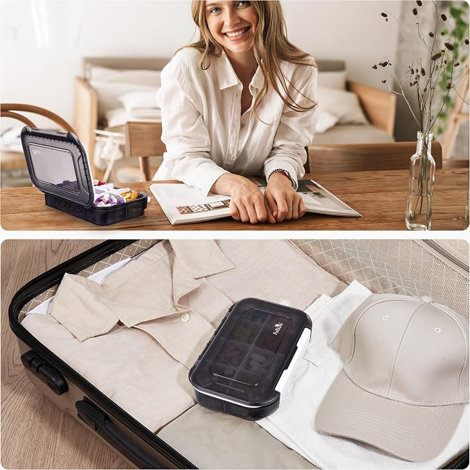 Fullicon Moisture Proof Pill Organizer, 8 Compartment Travel Case, Black | Holds Up to 66 Capsules or 17 Fish Oils, Safety Buckle, Removable Dividers, Labeling Stickers Included, Stackable Design
