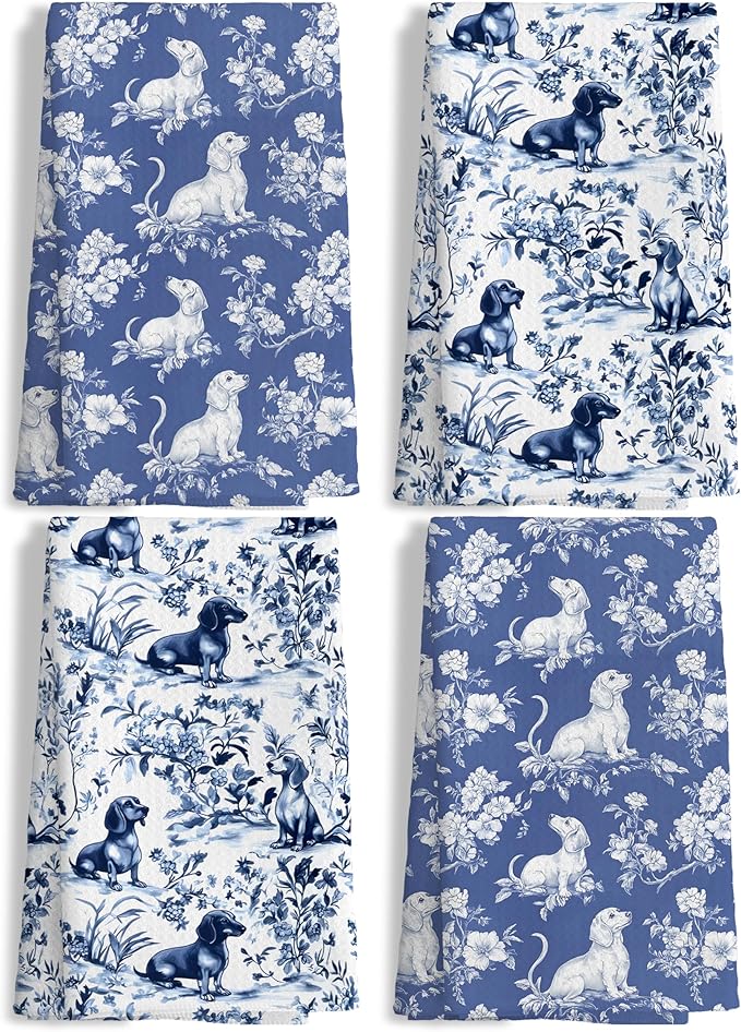 Chinoiserie Dachshund Kitchen Towels Set of 4,Blue and White Floral Botanical Dachshund Dog Decorative Dish Tea Towels,Grandmillennial Weiner Dog Hand Towels for Kitchen Bathroom,16x24 Inch