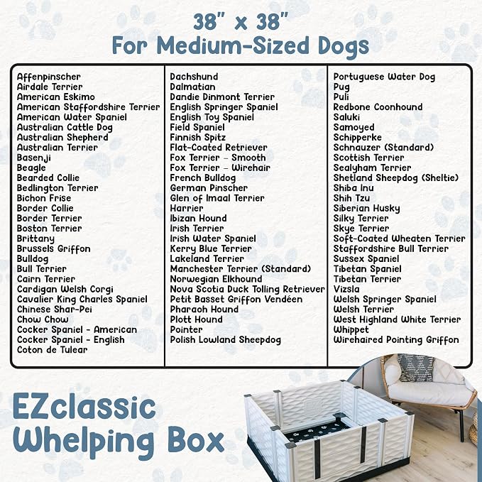 EZclassic Dog Whelping Box with Rails, Medium 38"x38"x18", Gray | Removable anti-crush rails, Machine-washable pad + canvas liner, High walls, low entry for mom, Interior 38x38x18 in