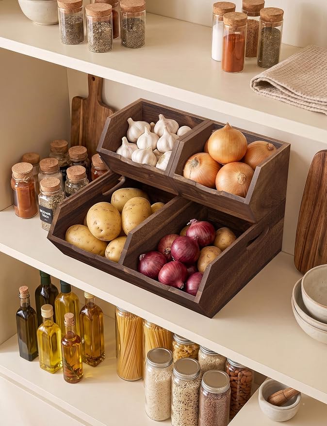 Tidita Acacia Wood Potato & Onion Storage Bin, Stackable (Patent Pending) | Walnut Finish, Solid Acacia Wood, No Assembly, 3 Stackable Bins, Integrated Handles, 50LBS Capacity, Non-Skid Pads, Multi-Use