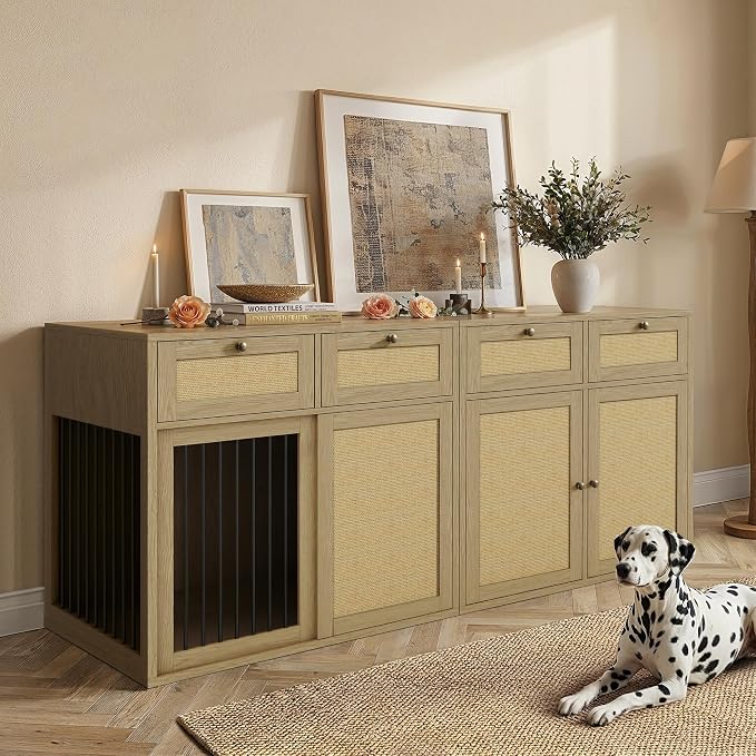PureCozy 2-Piece Dog Crate Furniture, Left, 80 Inch, Light Oak | Left-unit kennel with metal sliding door plus cane storage cabinet and 4 total drawers; furniture-style indoor console.