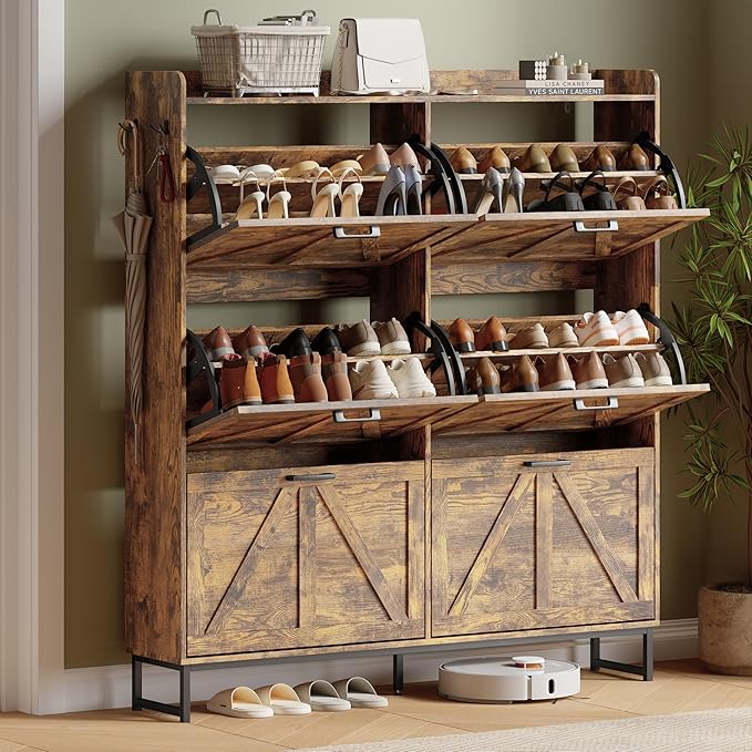 Xixini Shoe Storage Cabinet with 6 Flip Drawers, Entryway Shoe Rack, Brown | Freestanding Narrow Shoe Storage, Hidden Slim Wood Shoe Organizer, Modern Farmhouse, Open Storage & Hooks for Closet, Hallway