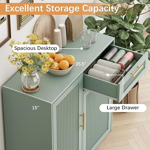 13 Gallons Pull Out Trash Can Cabinet with Storage, Green | Fluted Kitchen Trash Cabinet with Adjustable Shelf & Drawer, Hidden Wood Pet Proof Trash Can Holder for Laundry, Living Room