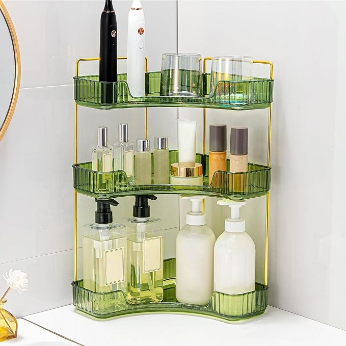 Corner Bathroom Counter Organizer Bathroom Countertop Shelf Makeup Organizer for Vanity Perfume Tray for Corner Storage (3 Tiers, Green)