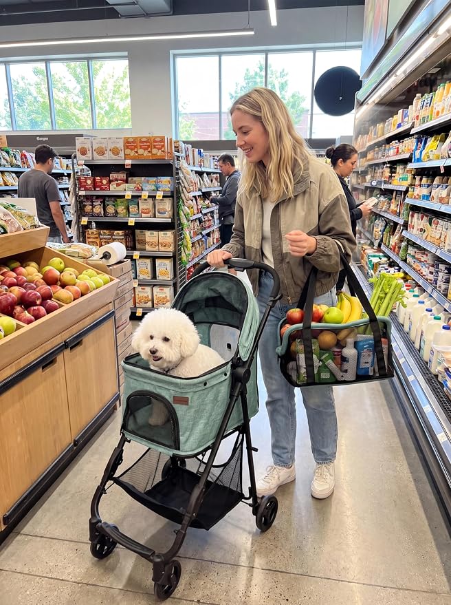 Pet Stroller for Small 2 Dog Cat Puppy Grocery Shopping Cart | Travel Airplane Mini Lightweight Compact Portable Collapsible Foldable 3-in-1 Medium 20 lbs Doggy Buggy Carriage Carrier Bag