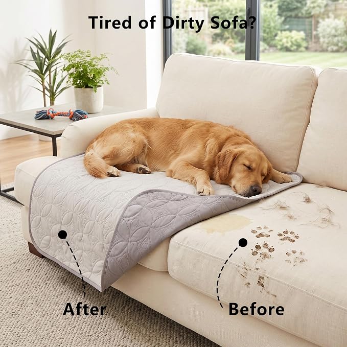 Waterproof Couch Cover for Dogs - Washable Pets Furniture Protector | TPU Leak-Proof Liner, Lightweight & Reversible, Fits Chair, Sofa, Bed, 82" x 82" , Lightgrey/Cream