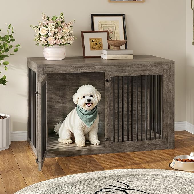 AMERLIFE Dog Crate Furniture for Medium/Large Dogs with Storage and Divider | 3-in-1 Corner Dog Kennel, Space-Saving Heavy Duty Large Cage, Grey