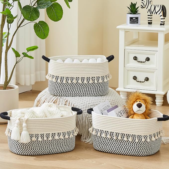 Storage Basket, Woven Baskets for Shelves, White/Black | 3 Pack Boho Cotton Rope Storage Baskets, 14" x 9" x 8", Home Organizer for Nursery, Holds Toys, Books & Towels