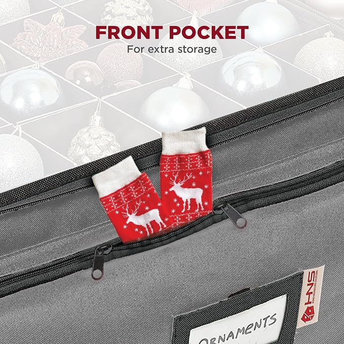 Premium Christmas Ornament Storage Box – Holds up to 72-3” Ornaments + 6 Side Slots for Figurines & Nutcrackers – Holiday Decoration Organizer – Durable 600D Grey Canvas