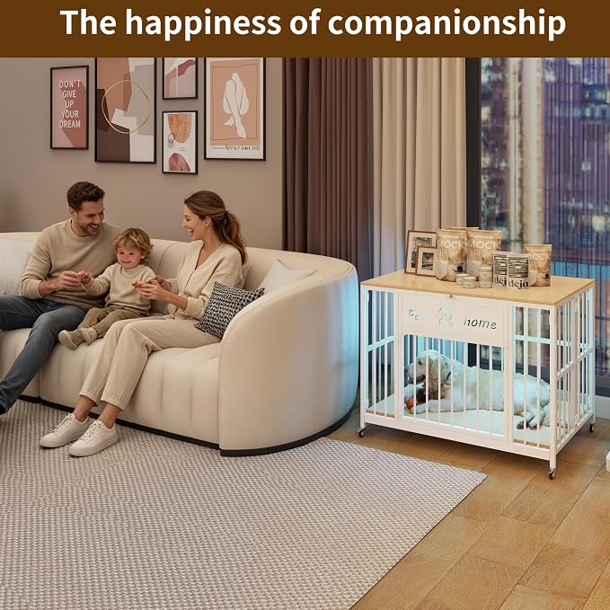 31.5" Foldable Dog Crate Furniture for Small Medium Dogs | Wooden Construction, RGB Ceiling Lights, Silent Casters, Natural Wood Tabletop, Multi-Purpose End Table TV Stand