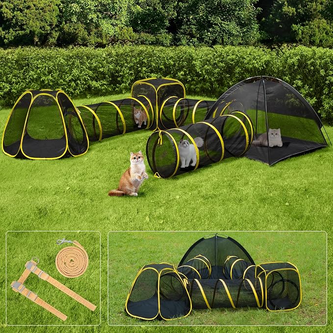 VIVOHOME 6-in-1 Outdoor Cat Enclosure with Playhouse, 2 Tents & 3 Tunnels | Portable Cat Playground with Leash and Mint Ball, Cat Tunnels with Tent Cube for Kitty Small Animals Camping Indoor Outdoor