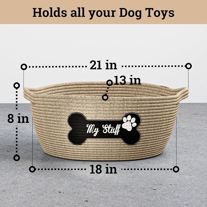 Dog Toy Basket, 100% Cotton Rope, Chew Proof, Sturdy Reinforced Handles | 100% Cotton Rope Woven Dog Toy Box for Living Room Area, Sturdy Handles, Durable Patch, Suitable for All Pets, No Loose Parts