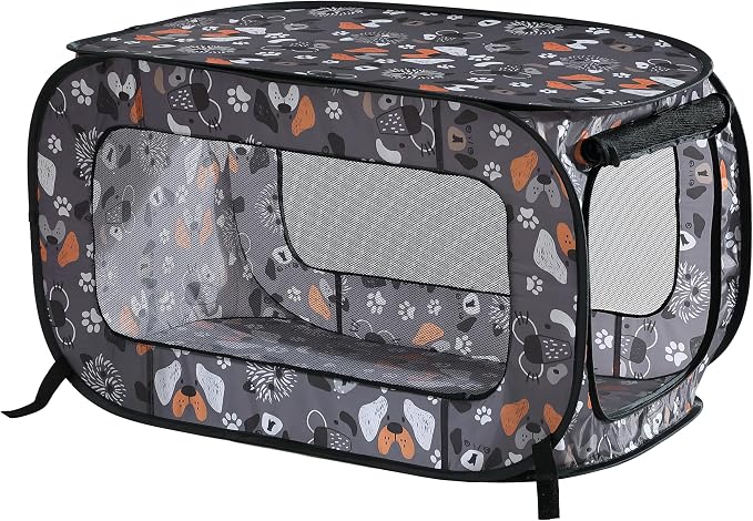 Portable Collapsible Pop Up Kennel, 40" L x 27" W x 27" H, Face of Love | Collapsible indoor/outdoor travel cat and dog crate with mesh screen windows pops up and folds flat for easy storage
