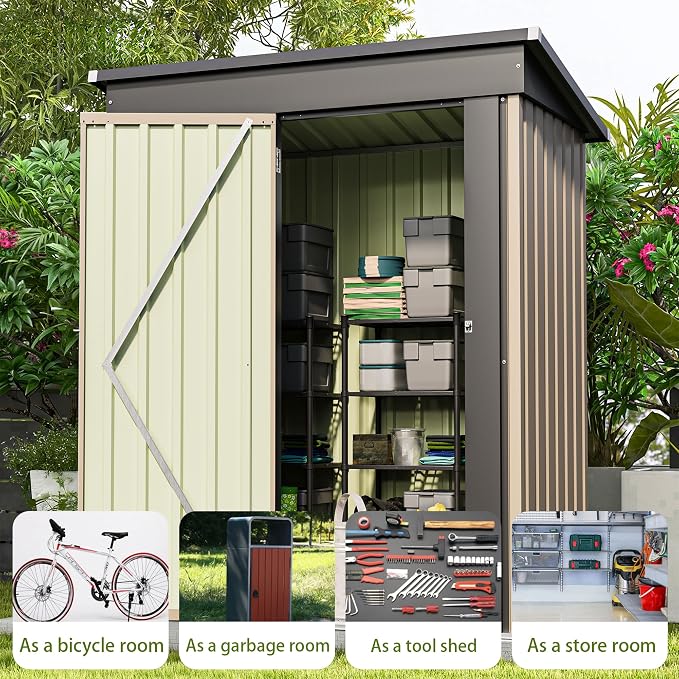 Patiowell 5x3 FT Outdoor Storage Shed, Brown | Tool Shed, Sloping Roof, Lockable Door, Metal Shed for Backyard Garden Patio Lawn