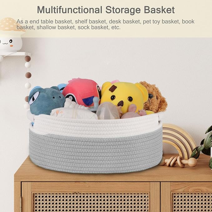 Small Woven Gift Basket with Bag & Ribbons, Cool Gray | Cotton Rope, 13”x 9”x 5.5”, Fits for Kids, Women & Men, Bedroom, Living Room, Nursery & Bathroom Storage, Cat & Dog Toy Boxes