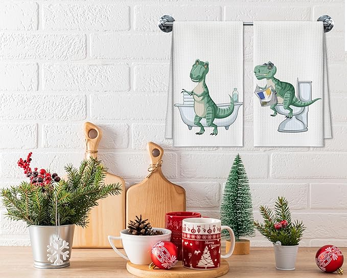 Bath Towels Set of 2, Dinosaur Dish Towel for Bathroom Spa Washroom, Cute Animals Fast Drying Decorative Hand Towels, Funny Housewarming for Dinosaur Lovers Women Mom -05