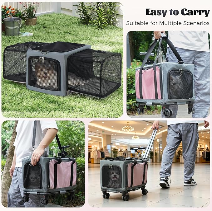 3-Sided Expandable Rolling Pet Carrier with Wheels, Small Cat Dog Travel Carrier, Foldable Portable Bag Grey Pink for Travel Camping Vet Outdoor Indoor Use