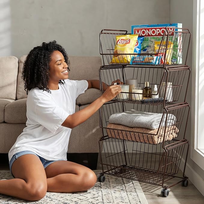 PUSDON 4-Tier Large Stackable Wire Storage Baskets with Wheels, Metal Rolling Utility Cart Organizer, Produce Basket for Kitchen Pantry, Floor Shelf, Vintage Bronze