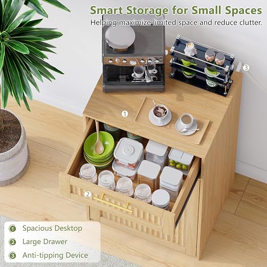 Single 13 Gallon Pull Out Trash Can Cabinet with Drawer, Garbage Cabinet | Pet Proof Hidden Trash Storage, Fluted Farmhouse Design, Space-Saving Kitchen Organizer, Dining Room Storage,Natural Oak