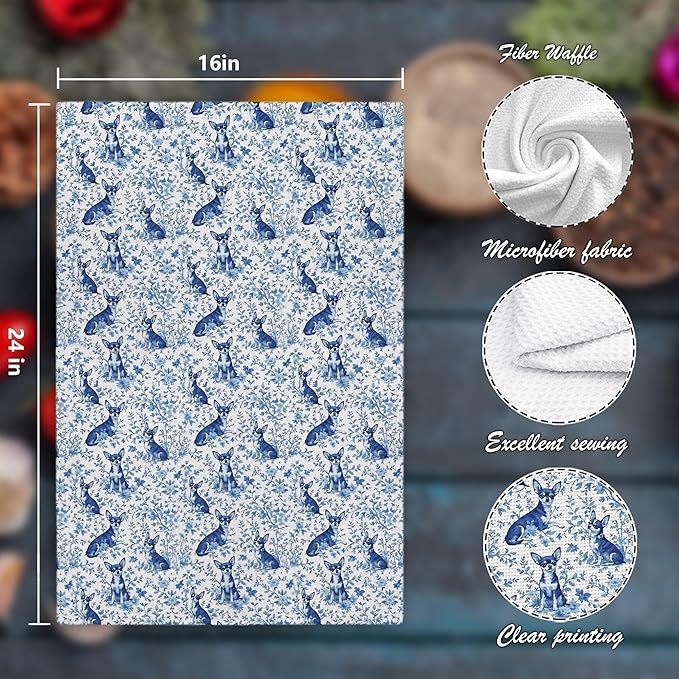 Chihuahua Dog Gifts for Chinoiserie Floral Decor Kitchen Towels,Blue and White Chihuahua Dog Grandmillennial Decorative Dish Tea Towels for Kitchen Bathroom,16x24 Inch