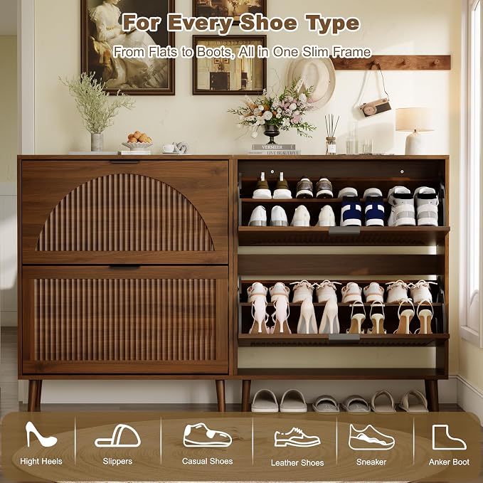 Shoe Storage Cabinet with 2 Flip Drawers, Narrow Wood Shoe Organizer Cabinet with Fluted Panel, Slim Shoe Rack for Entryway, Freestanding Shoe Cabinet for Living Room, Hallway, Walnut