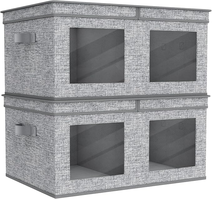 Univivi Large Fabric Storage Bins with Lids for Clothes 2 Pack, Grey | 24 x 17 x 12 In Foldable Storage Boxes with Handles, Clear Window, Closet Organizers for Home, Bedroom