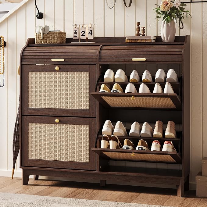 LINSY Shoe Storage Cabinet, Rattan Shoe Cabinet Flip Drawer Shoes Rack Cabinet with Sliding Tambour Door, Large Shoe Cabinets Mid Century Modern Hidden Shoe Storage Organizer for Entryway, Walnut