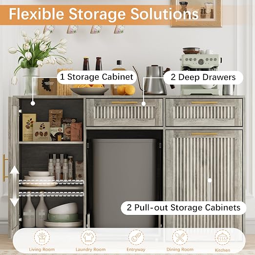 2 X 13 Gallons Double Pull Out Trash Can Cabinet with Storage & Drawers | 54"W Kitchen Trash Cabinet with Adjustable Shelf & Drawer, Hidden Garbage Can Cabinet for for Laundry, Living Room