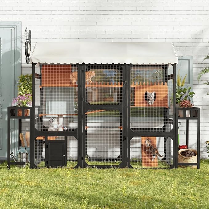 Large Outdoor Cat Enclosure Wooden Catio with Multi-Level Play Platforms, Climbing Ramps, Resting Boxes, Pom-Pom Toys & 2 Plant Stands, Weather-Resistant Roof & Wire Mesh for Backyard Patio, Black