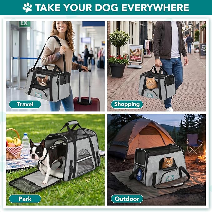 PetAmi Airline Approved Pet Carrier for Cats & Small Dogs, Large Light Gray | Soft Sided TSA Travel Bag, Sherpa Bed, Breathable Mesh Ventilation, Collapsible Bowl, Fits Under Seat, Up to 18 lbs