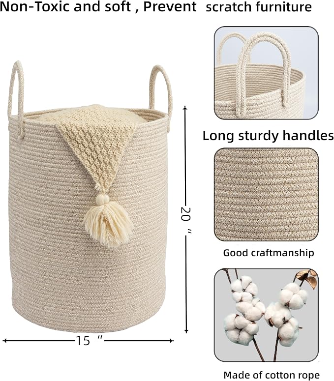 Woven Cotton Rope Laundry Basket, 15" x 20" Laundry Hamper, Oatmeal | Rope storage basket for dirty clothes, toys and blankets. Perfect for bathroom, baby nursery and living room storage.