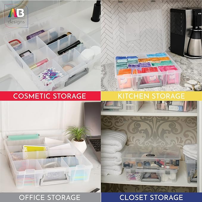 AB Designs 6823ABD Super Satchel with Removable Dividers, Stackable Home Storage Organization Container, Clear with Sliver Latches and Handle