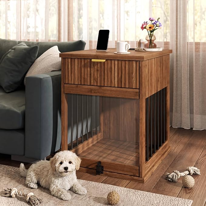 23.6" Small Dog Crate End Table with Charging Station, Dogs Kennel Furniture with Tempered Glass Door and Drawer, Wooden Decorative Dog Crates for Small Medium Dogs, Walnut
