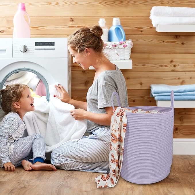 XUANGUO Rope Laundry Basket Hamper for Clothes Large Purple or Lavender | Baby Nursery Hamper Bin and Woven Storage Basket for Living Room Bedroom Boho Tall Rope Baskets Blankets Toys Pillows Towels