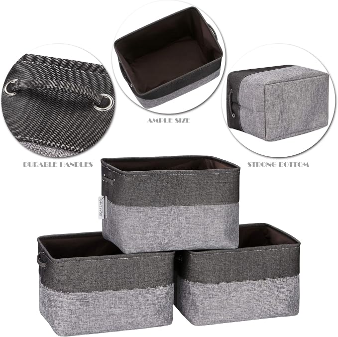 Sea Team Large Rectangle Canvas Open-Top Storage Baskets, 3-Pack | Collapsible Fabric Storage Bins with Handles, Closet Shelf Organizers, 15 x 10 x 10 Inches, Gray & Black