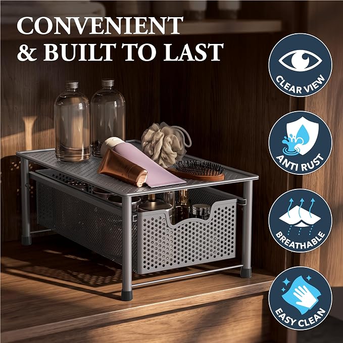 Simple Houseware Stackable Cabinet Basket Drawer Organizer, Silver