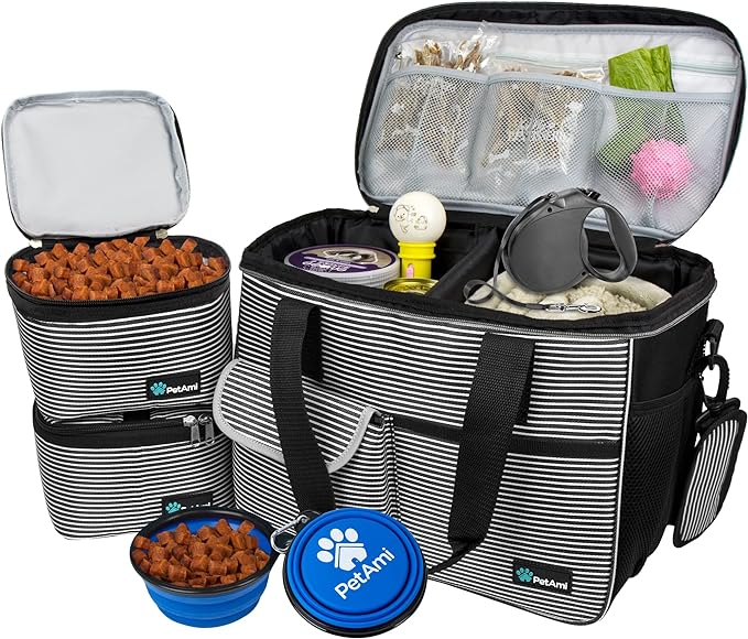 PetAmi Dog Travel Bag Organizer, Pet Supplies Tote, Stripe Black Medium | Pet Travel Kit with 2 Food Containers & 2 Collapsible Dog Bowls, Luggage Sleeve, Weekend Getaway Road Trip Camping Essentials