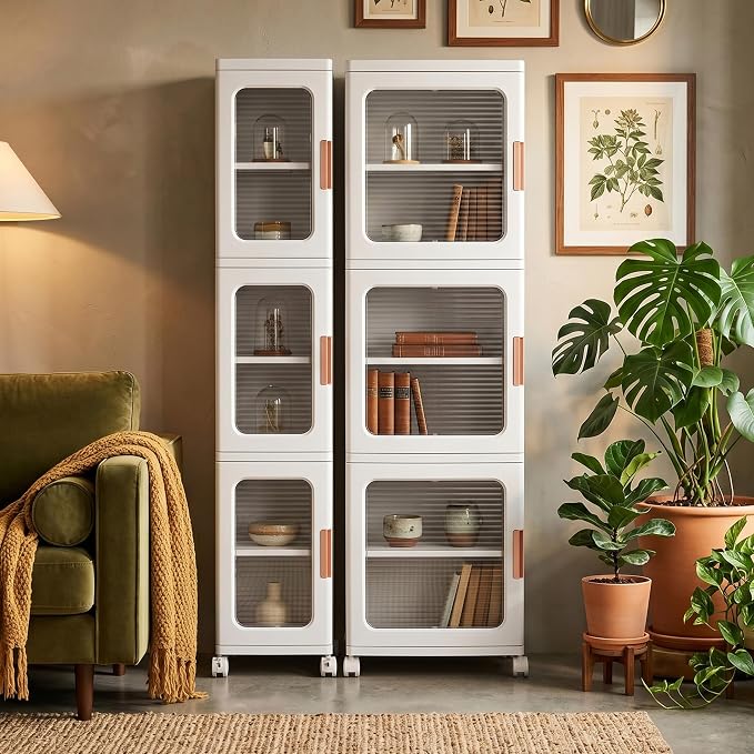 3-Tier Tall Narrow Plastic Storage Cabinet of 2, Foldable | Rolling Organizer with Lid,Doors,Stackable, Adjustable Shelves, Durable PP,Freestanding Bathroom Cabinet for Small Slim Space