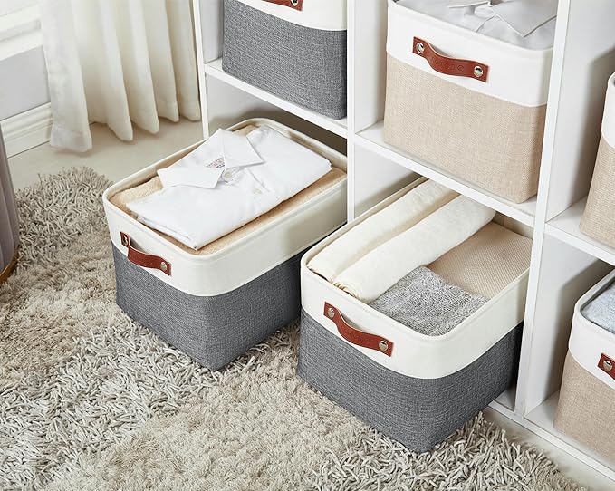 DECOMOMO Storage Bins, Large Fabric Storage Baskets for Shelves 4 Pack | 15 x 11 x 9.5 inches Decorative Linen Closet Organizers (Slate Grey & White)