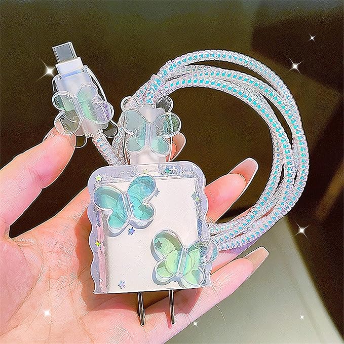 Cute Cable Protector for iPhone Charger Cover,Elegant 3D Butterfly Design for Women Girl,Wire Saver Charger Protector,Wavy Shape Charging Cord Protector for iPhone Adapter 1112 13 14 15 16 17 Pro Max