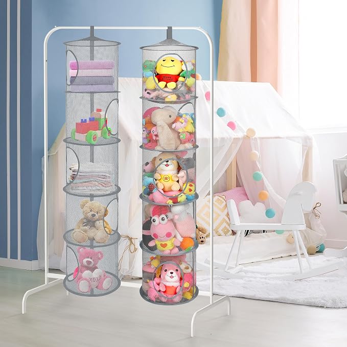 2Pcs Hanging Mesh Space Saver Bags Organizer, Foldable Storage Organizer 5 Compartments Toy Storage Organizer for Kid Room Toys, Gloves,Hats,Socks Storage #Grey | Hanging Mesh Storage Organizer for Kids Room, Holds Plushies, Gloves, Hats, Socks, Foldab...