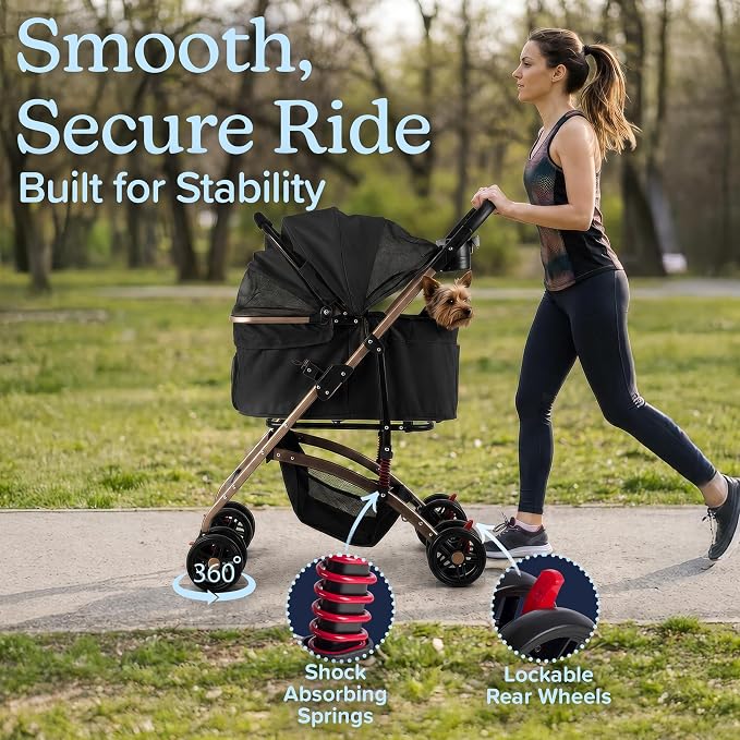 2-in-1 Pet Stroller with Detachable Carrier - Lightweight Foldable Dog Strollers for Small Dogs and Cats - Cat Carrier with 4 Shock Absorbing Wheels, Cupholders and Storage Basket by PETMAKER (Black)