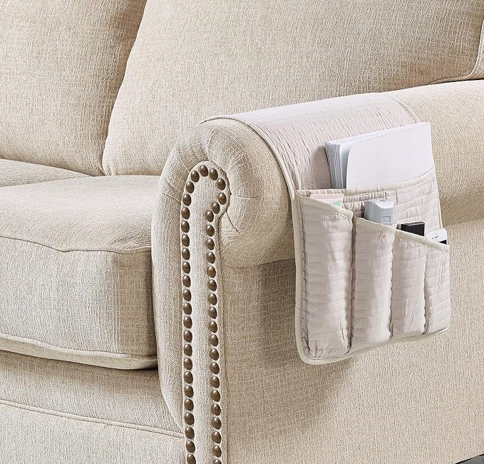 Brilliant Sunshine Light Beige Quilted Couch Armrest Cover, 35"×13" | Washable Magazine Holder, Armrest Organizer & Caddy on Sofa, Recliner, Armchair, Storage for Remote Controls, Phone, iPad