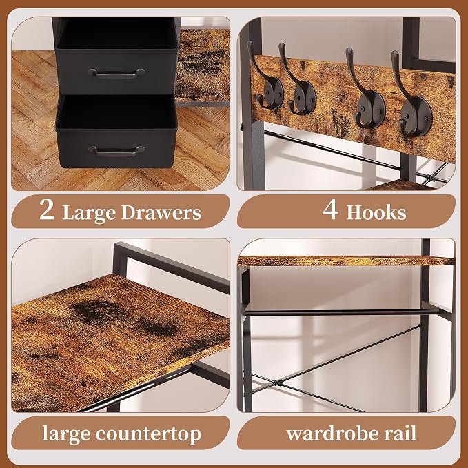 Pet Wardrobe Closet with 2 Drawers & 4 Hooks, Freestanding Pet Clothes Storage Organizer with Hanging Rod, Metal Frame Storage Cabinet for Dogs Cats